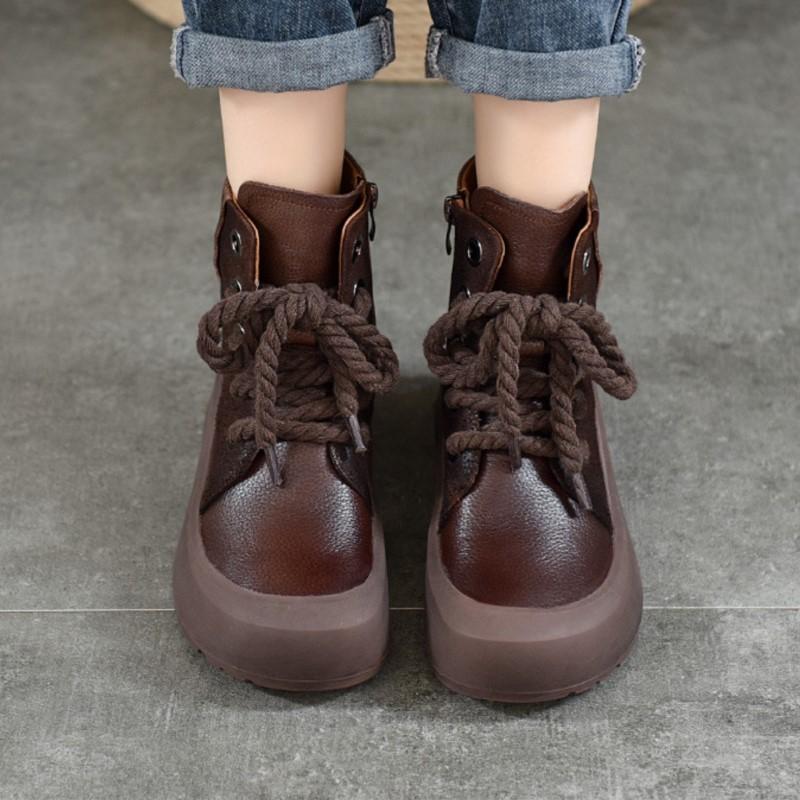 Johnature Retro Genuine Leather Short Boots Lace Up Thick Sole Plush Warm Cotton Boots Women's Shoes