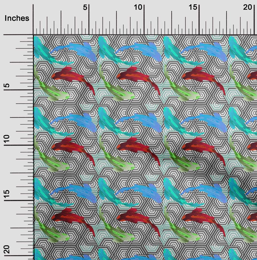 oneOone Bumbac Elastic Albastru Închis Material Pește Koi Japonez Asiatic cu Textură Geometrică Material de Cusut Material Imprimat la Yard 40 Inch