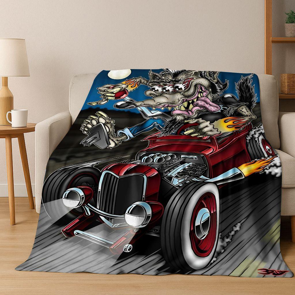 3D Buntowniczy RAT FINK Samochody Znak Kreskówkowy Koc Flanelowy, Ciepły i Przytulny Miękki Koc Rzutowy do Domu Sypialni Łóżka Sofy Pokrycie Piknikowe