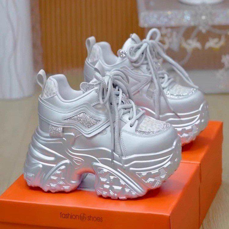 Silver Platform Women's Dad Sneakers - 2025 Spring Casual White Sports Shoes