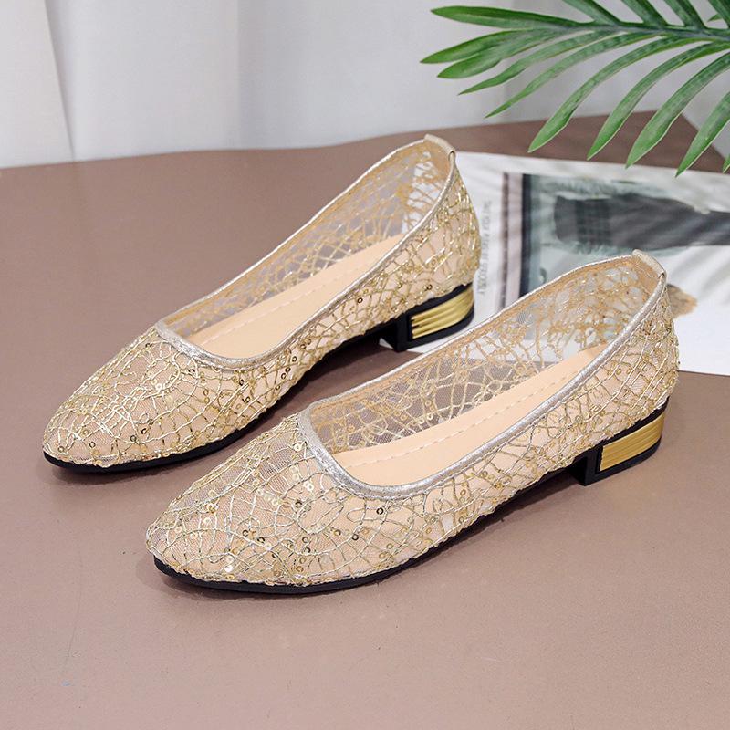 Spring New Hollow Mesh Lace Pointed Low Heel Shallow Mouth Doudou Mesh Single Shoes Women