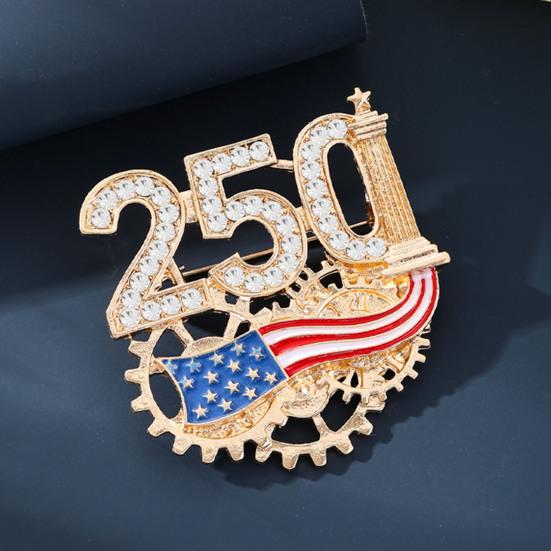 Women Brooch Golden 3D Number 250 Rhinestones Mechanical Gear Base Metallic Design Brooch Pin Sparkling Number Badge