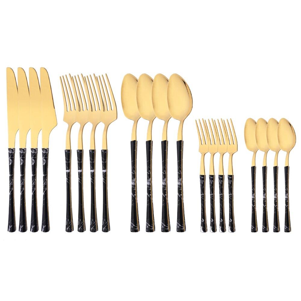 Brown Gold 20Pcs Stainless Steel Cutlery Set Knife Fork Coffee Spoon Dinnerware Imitation Wood Handle Tableware Kitchen Flatware