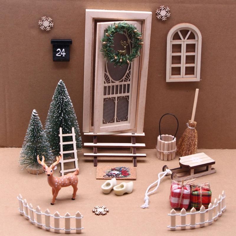 Christmas Scene Dollhouses Accessories With Miniature Wreath And Reindeer Door Decors Holiday Gift