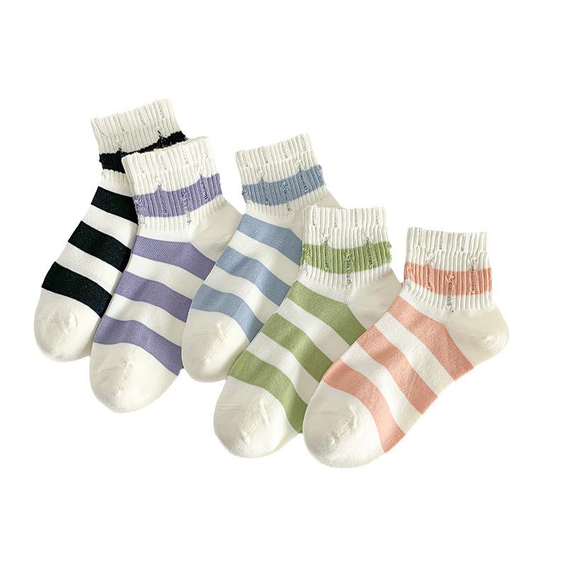 Female Spring and Summer Thin Style Trend All Kinds of Casual Broken Hole Thick Stripe Short Tube Socks