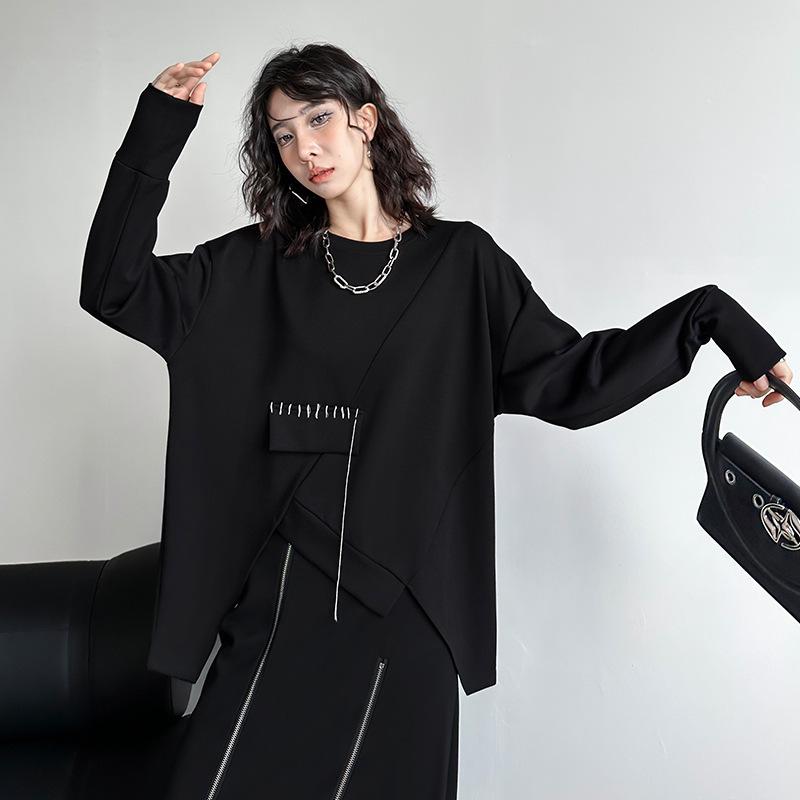 

DIMANAF 2024 Осень Новая Женская Повседневная Футболка Большого Размера Оверсайз Длинный Рукав Свободные Топы Футболки Однотонная Модная Рубашка One Size чёрный