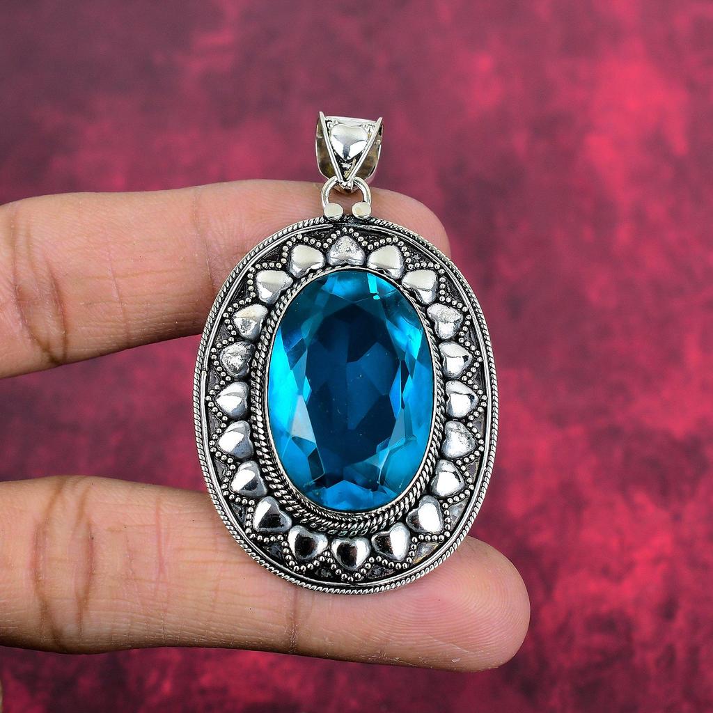 Pendentif en topaze bleue, bijoux en argent sterling massif 925 avec pierres précieuses, pendentif fait main, pour Thanksgiving
