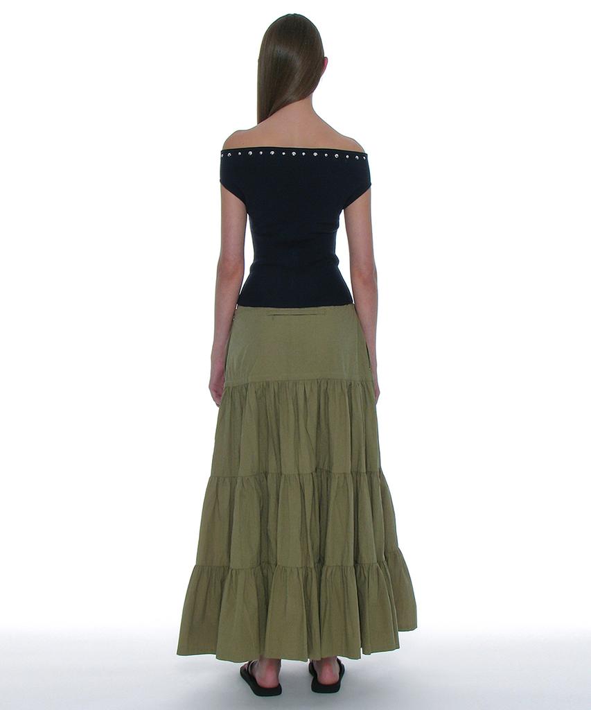 PARTIMENTO WOMEN Studded Off-Shoulder Knit Top_Navy