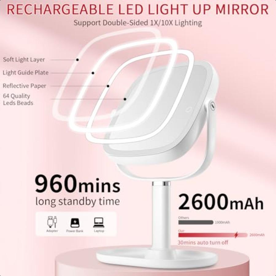 Lighted Makeup Mirror 2600mAh Rechargeable 1x 10x Magnifying Vanity Mirror 8.5 Height Adjustable Makeup Mirror with Lights 3 Co