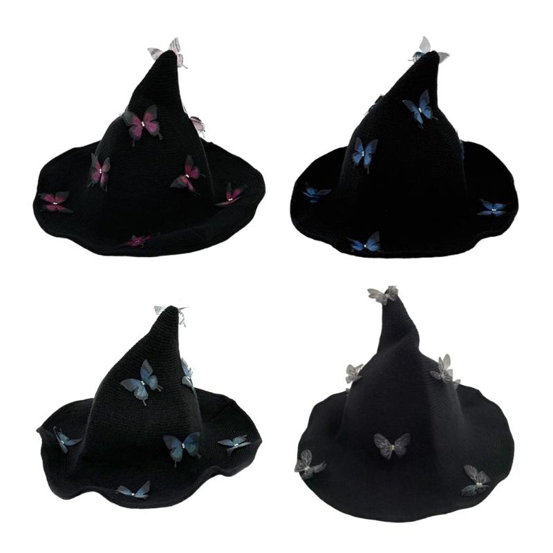 Halloween Knitted Witch Hat with Lovely Butterfly Accent Witch Costume Hat for Adults Costume Parties