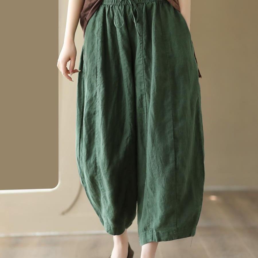 Damen Haremshose aus Baumwolle und Leinen mit elastischem Bund - Retro Patchwork, Lockerer Schnitt, Fließender Laternenstil für den Sommer
