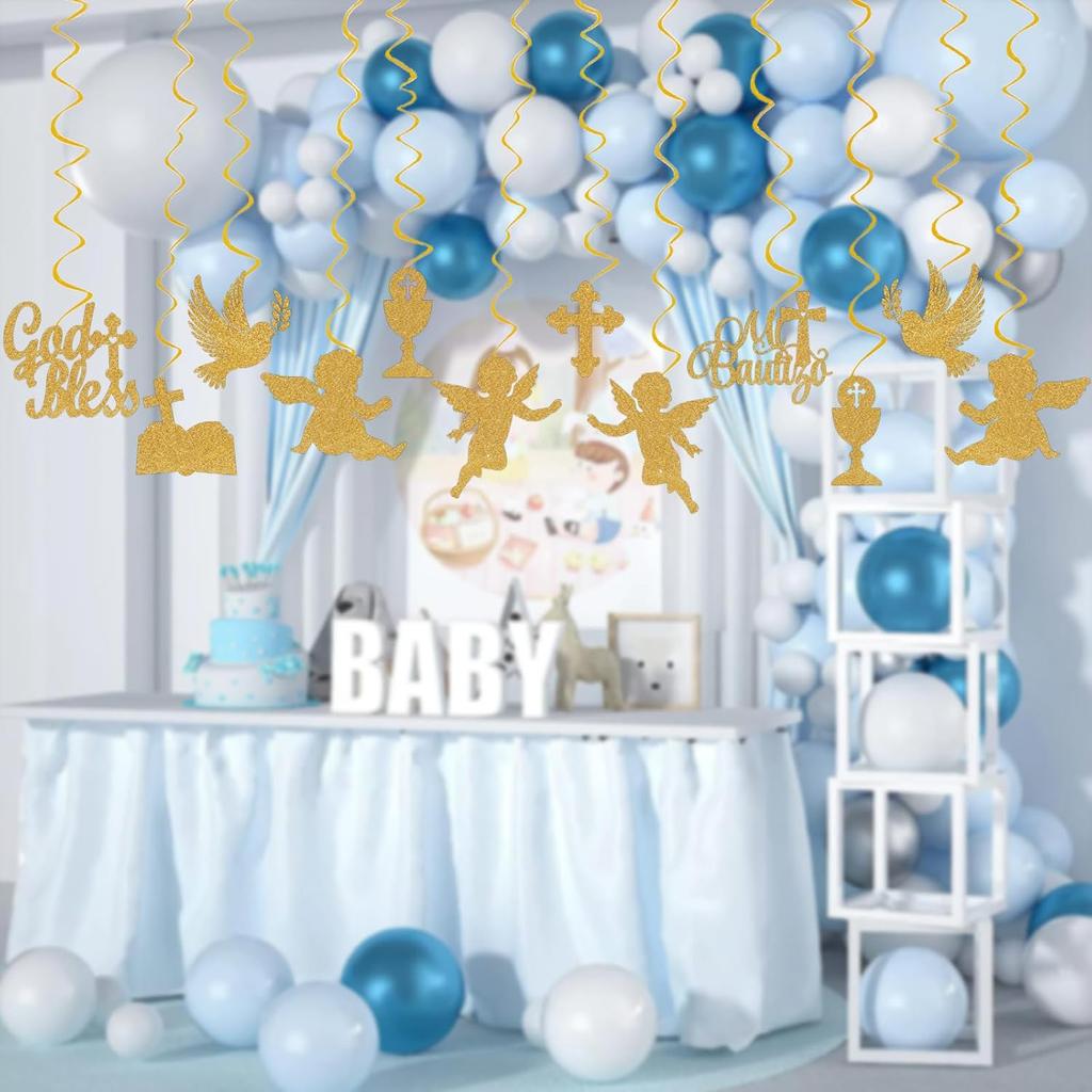Mi Bautizo Party Decoration Baptism Decorations 24pcs Hanging Swirls Decoration God Bless Angel Gold Party Ceiling Decor Banner Supplies Baby Shower