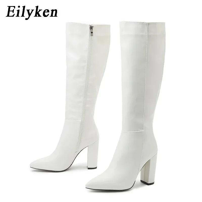 

Eilyken Fashion Women Knee High Motorcycle Boots Sexy Pointed Toe Square Heels Long Zipper Female Botas De Mujer Largas 35
