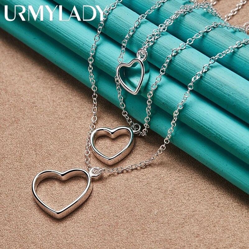 URMYLADY 925 Sterling Silver Three Heart Frame Pendant Necklace For Women Wedding Party Fashion Jewelry