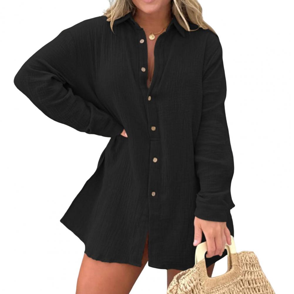 2 Pcs/Set Women Shirt Shorts Set Solid Color Long Sleeves Lapel Collar Single-breasted Split Blouse High Waist Loose Above Knee