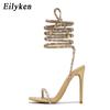 Fashion Eilyken Transparent Crystal Rhinestone Women Sandals Ankle Lace-up Square Toe Wedding Party High Heels Female Shoes