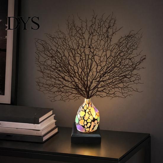 Creative Gift for Home Tree of Life Resin Night Light, Colorful Gemstone Mosaic LED Table Lamp with Solid Wood Base Base, Vintage Art Desktop