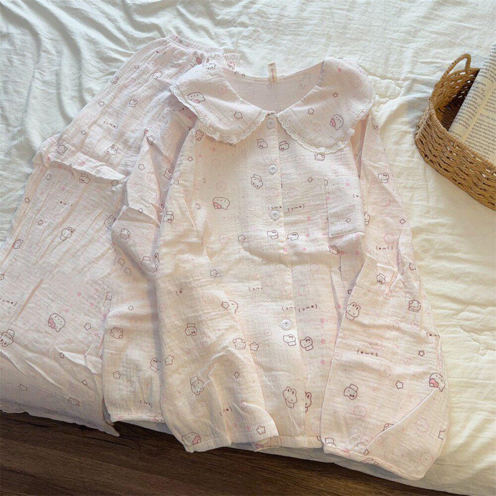 Internet celebrity new lapel rabbit girl pajamas spring and autumn cardigan double long two-piece set student dormitory loungewear