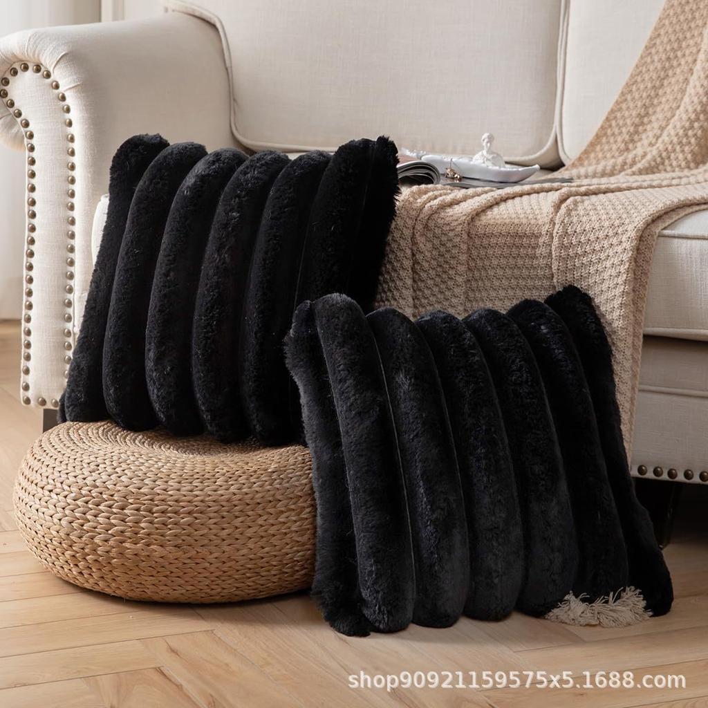 Plush Striped Throw Pillow, Nordic Style Sofa Cushion, Soft Faux Rabbit Fur Backrest Pillow
