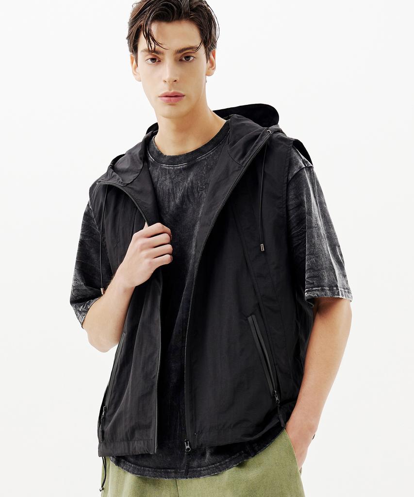 Trillion Division Nylon Hooded Zip-Up Vest (Black)
