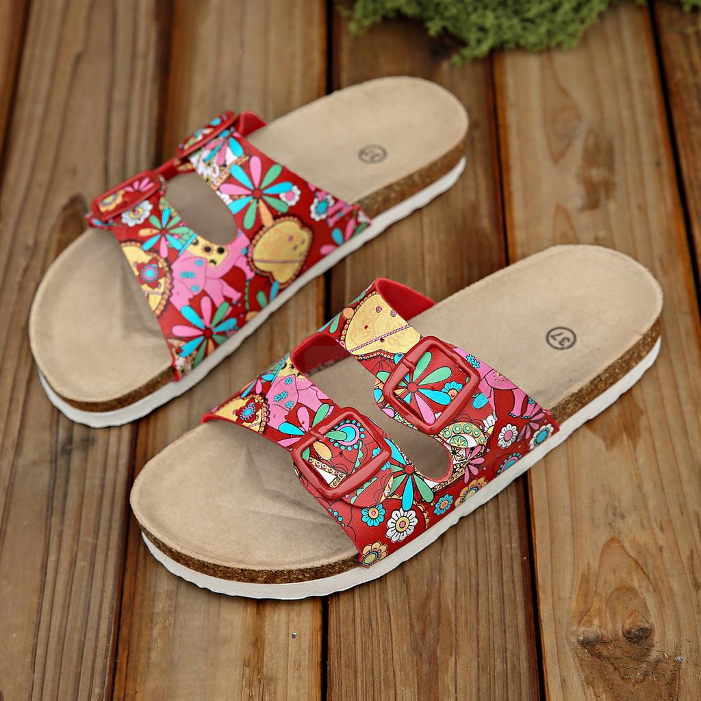 22 summer new round head Boken flat-bottomed slippers retro printing beach buckle sandals large size