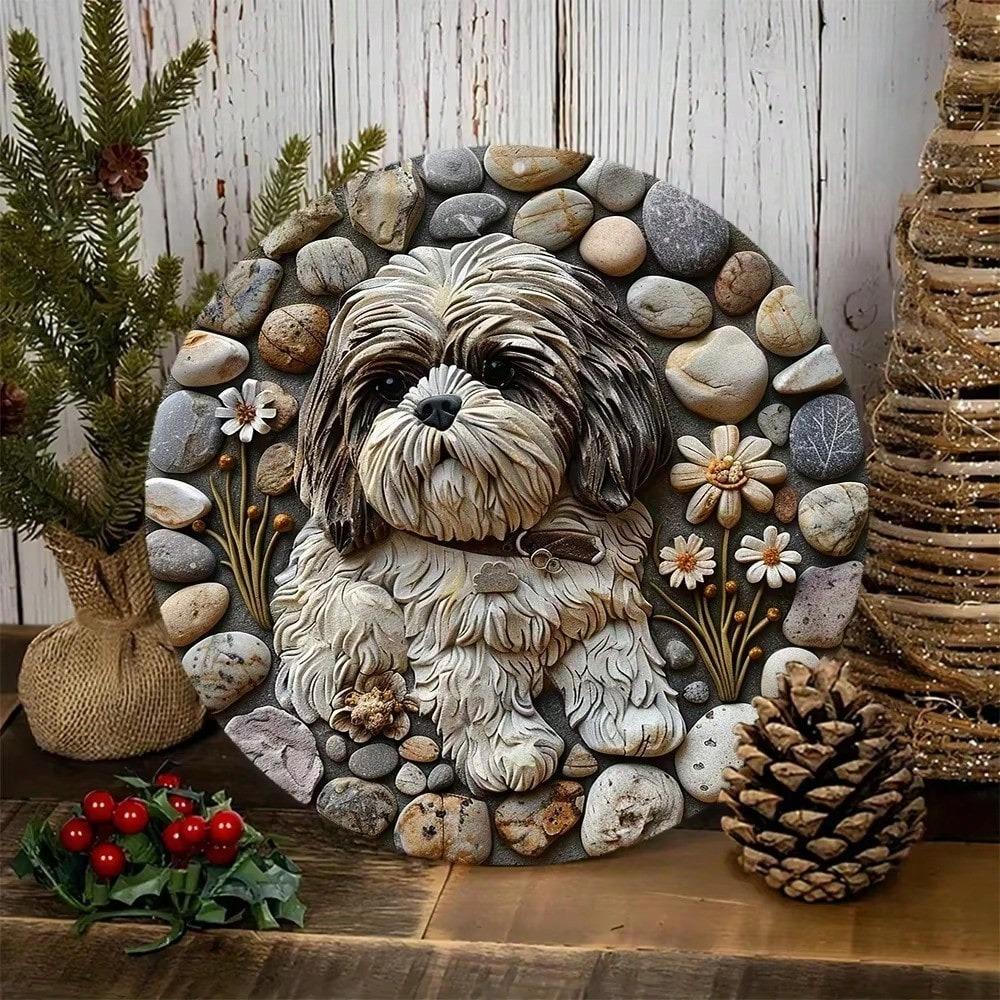 Shih Tzu Hund Metall Wandkunst Frühling Weihnachten Dekor Aluminium Schild Kranz Zuhause