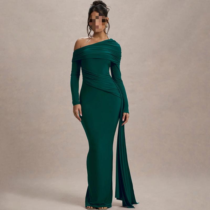 

Европейское и американское модное платье с длинным рукавом, с косым воротником, сдержанного темперамента, однотонное, плиссированное, с завышенной талией L