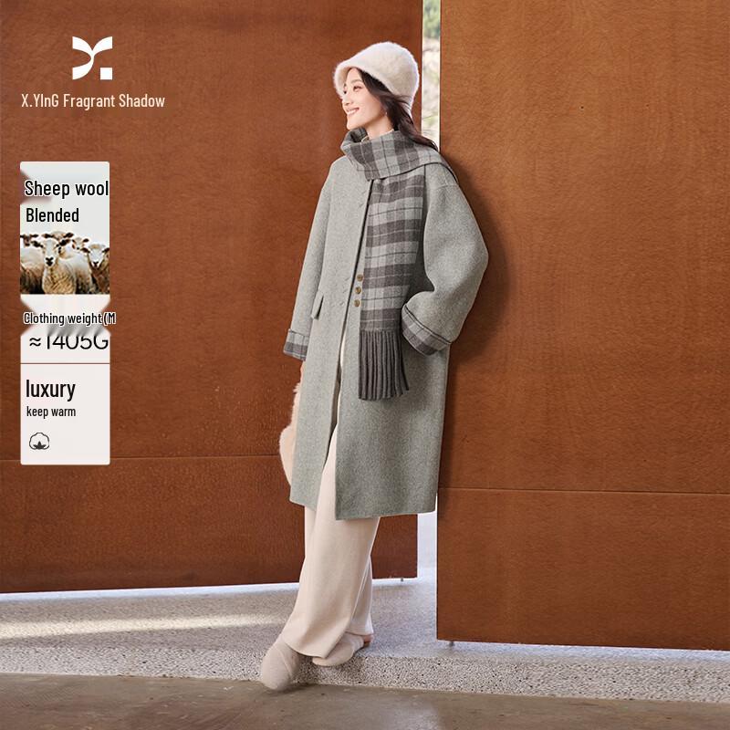 Xiangying Women s Mid-Length Double-Faced Wool Coat with Scarf L