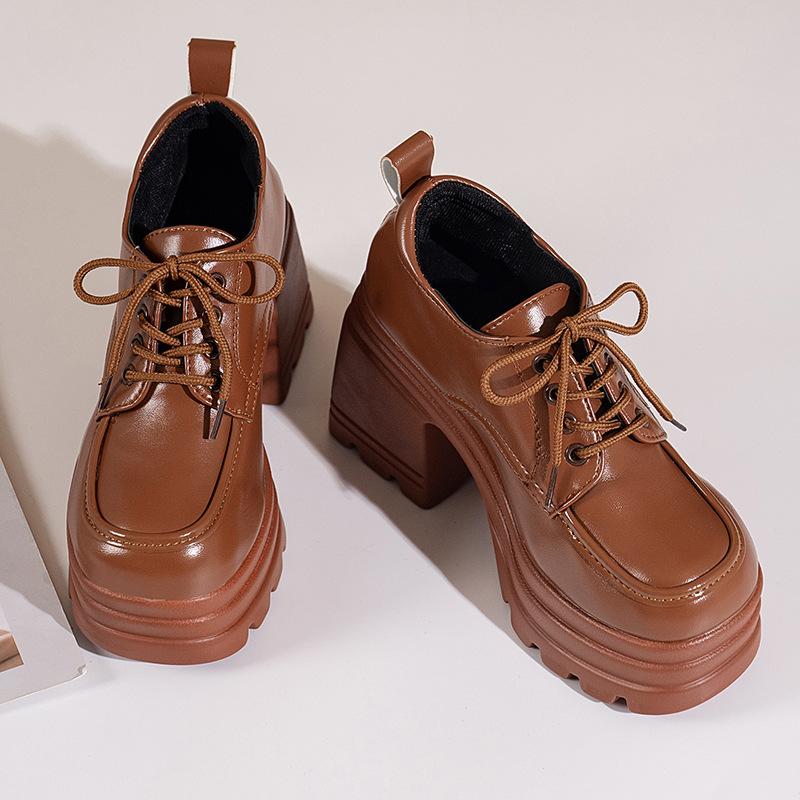 Fashion Gothic Chunky High Heels Loafers for Woman New Leather Platform Female Solid Color Heeled Lolita Shoes Lace Up Heels for Women
