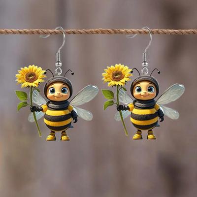 Cute Bee Dangle Earrings For Women Girls Acrylic Honey Bee With Sunflower Design Drop Earrings Halloween Christmas Jewelry Gift