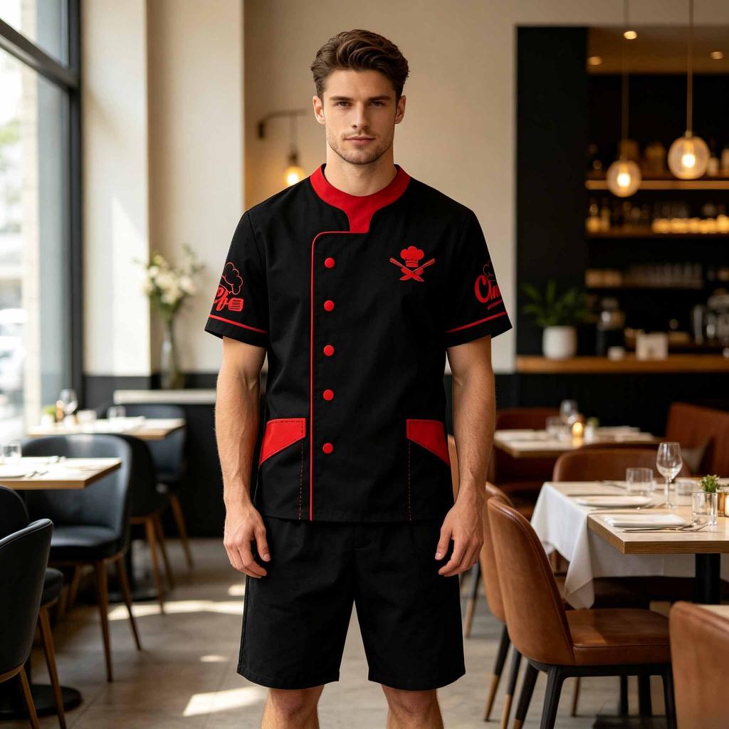 Men's Short Sleeve T-Shirt, Printed Embroidery Style Kitchen Uniform Logo Tee for Restaurant Hotel Kitchen Staff