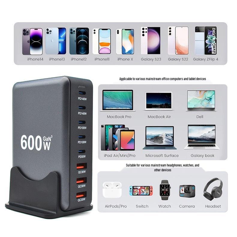 Desktop 600W GaN Multi-Port Charger: 140W PD for Laptops & Drones