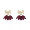 Red Retro Hong Kong Style Flocking Flower Bow Earrings - Elegant Long Design for Women, Perfect for Autumn and Winter Seasons