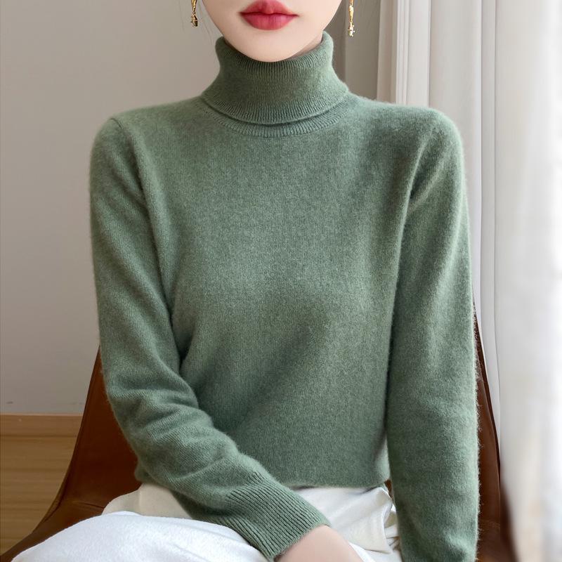 Damski sweter wełniany z wysokim dekoltem: Jesień Zima Moda Jednolity Kolor Dzianina