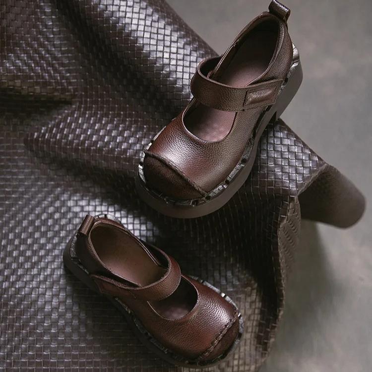 Johnature Genuine Leather Thick Soled High Heels Pumps Fashion Round Toe Women's Platform Shoes