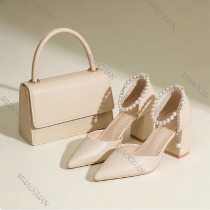 2026 New Elegant Pearl-Embellished Pumps Fashion Heels Chunky Bridal Shoes with Adjustable Ankle chain Female Footwears