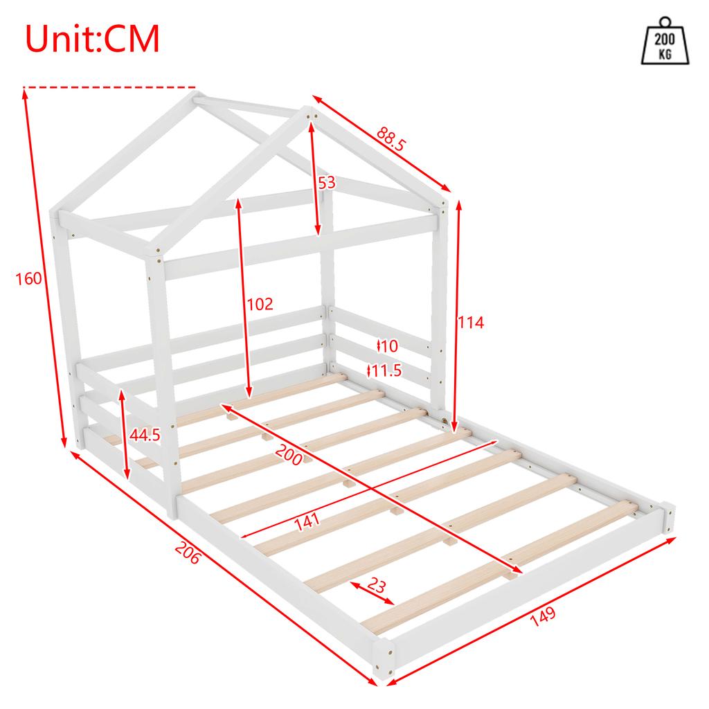 House Bed, 140 X 200 Cm, Children's Bed In House Shape with Slatted Frame (without Mattress), Pine Wood, Minimalist Style, White
