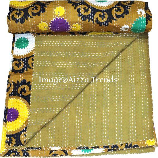 Aizza Trends Handmade Pure Cotton  Printed Kantha Quilt  - Traditional Look Bed Spread Kantha Gudri - Vintage Hand Stitch Gudri