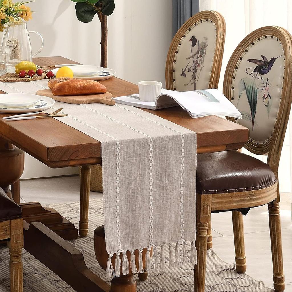 Party, Dresser Decor and Dining Room Decorations Rustic Cotton Linen Table Runner  with Hand-Tassels