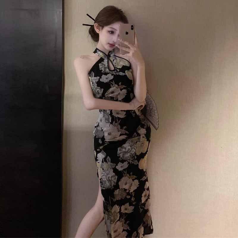 

Новое женское китайское платье-чеонгсам с открытыми плечами и разрезом без рукавов L чёрный