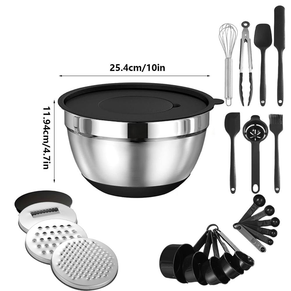 

23/33PCS planing ribbon lid anti slip bottom mixing bowl with sealed lid and 3 wire grinders