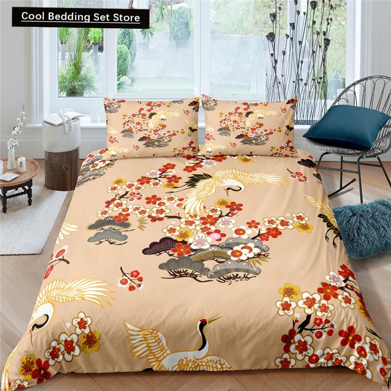 Kranich Gedrucktes Bettwäscheset 3D Rote Japanische Kirschblüten Bettbezug King Queen Größe Floral Wolke 2/3tlg. Polyester Steppdeckenbezug