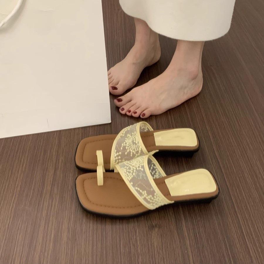 Lace cover toe slippers women are not tired feet small slope heel with skirt beautiful sandals