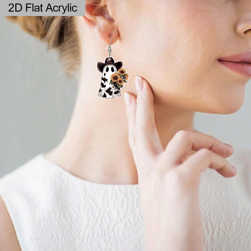2D Flat Halloween Earrings Leopard Ghost Sunflower Pattern Acrylic Dangle Earrings Halloween Theme Party Women Girls Jewelry Gift
