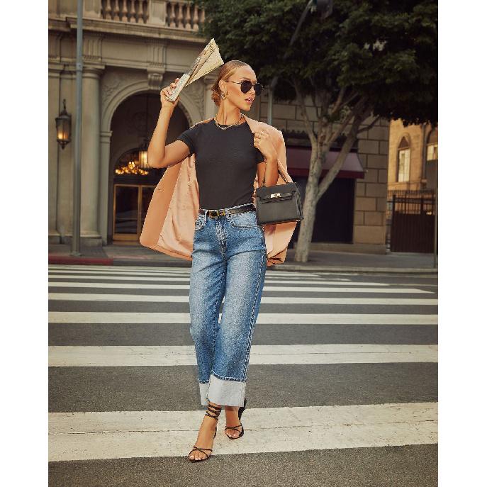 2026 Spring New Women s Straight-Leg Jeans with Rolled Hem, Casual High-Waisted Long Pants S темно-синий
