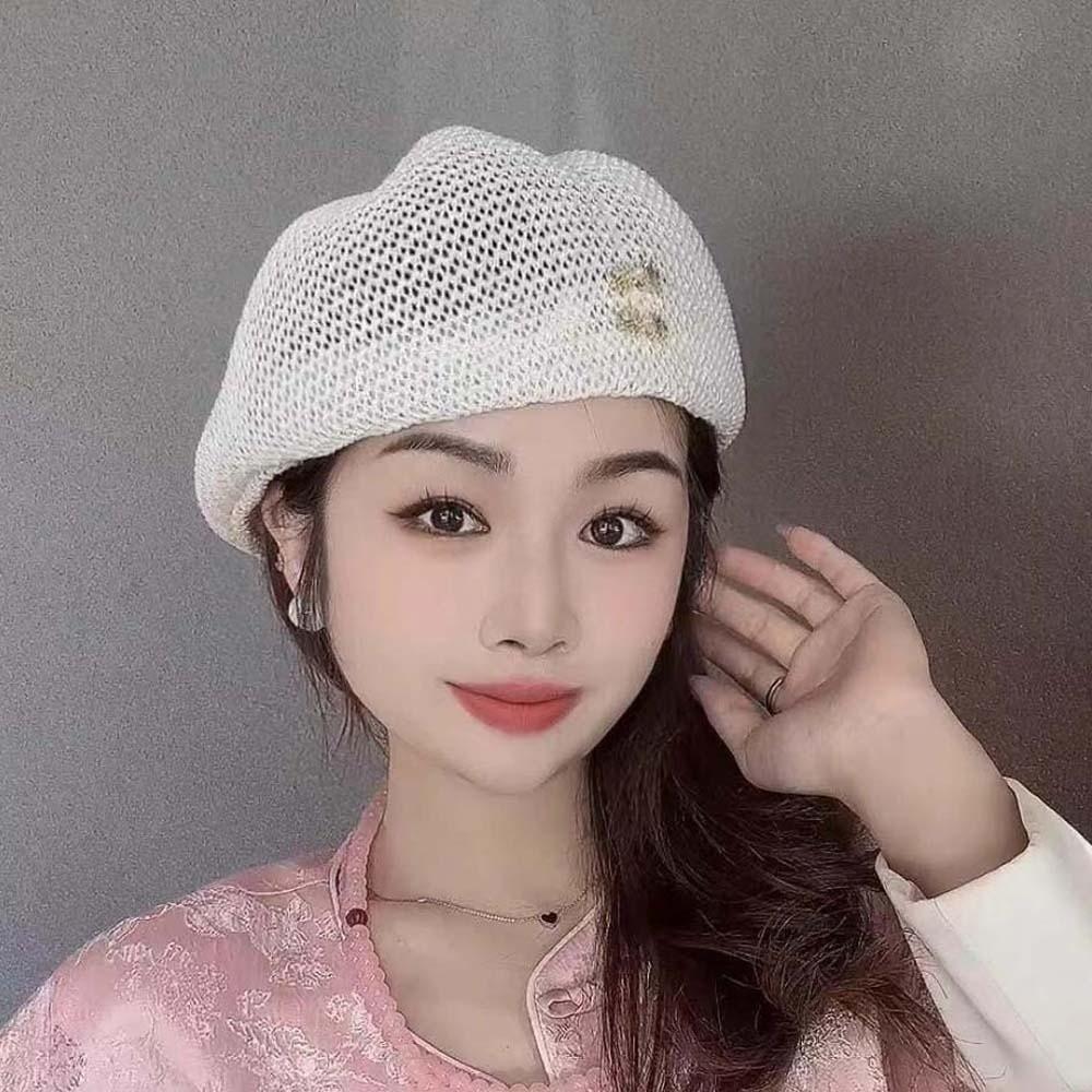 Korean Style Hollow Out Forward Cap Solid Color Vacation Beach Hat Woven Sun Beret Cap  Daily