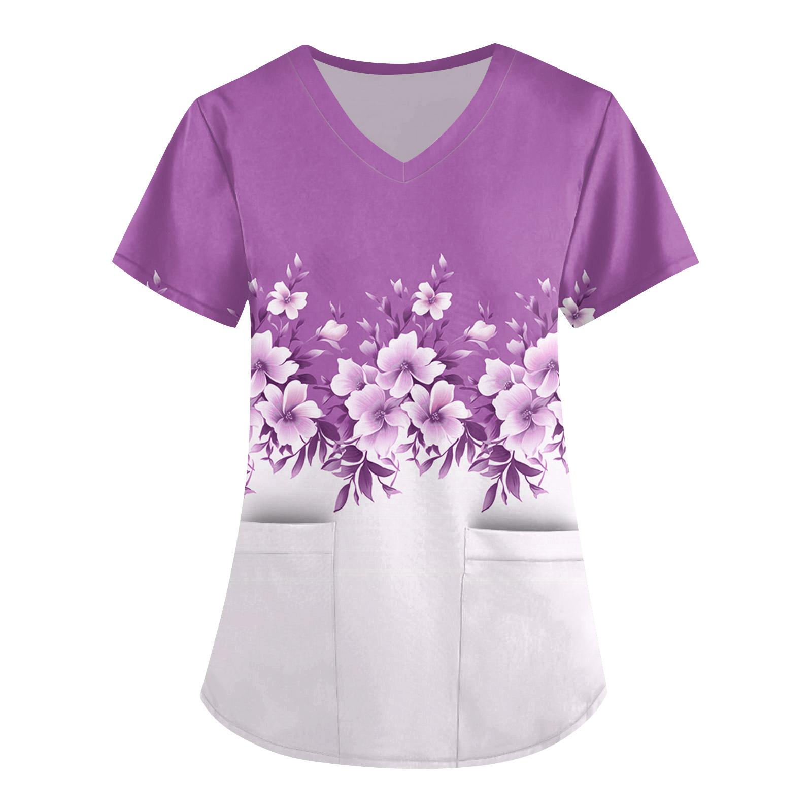 

Жіночий милий принтований робочий одяг, V-подібний виріз, двошарові кишені, базовий пуловер з короткими рукавами, Валентина XXXL фіолетовий