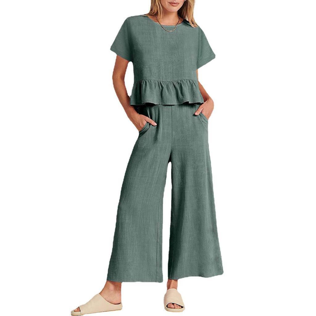 Pants Sets Women 2 Piece Outfits Sleeveless Round Neck Tank Tops Matching Sets for Women Elastic Waist Wide Leg