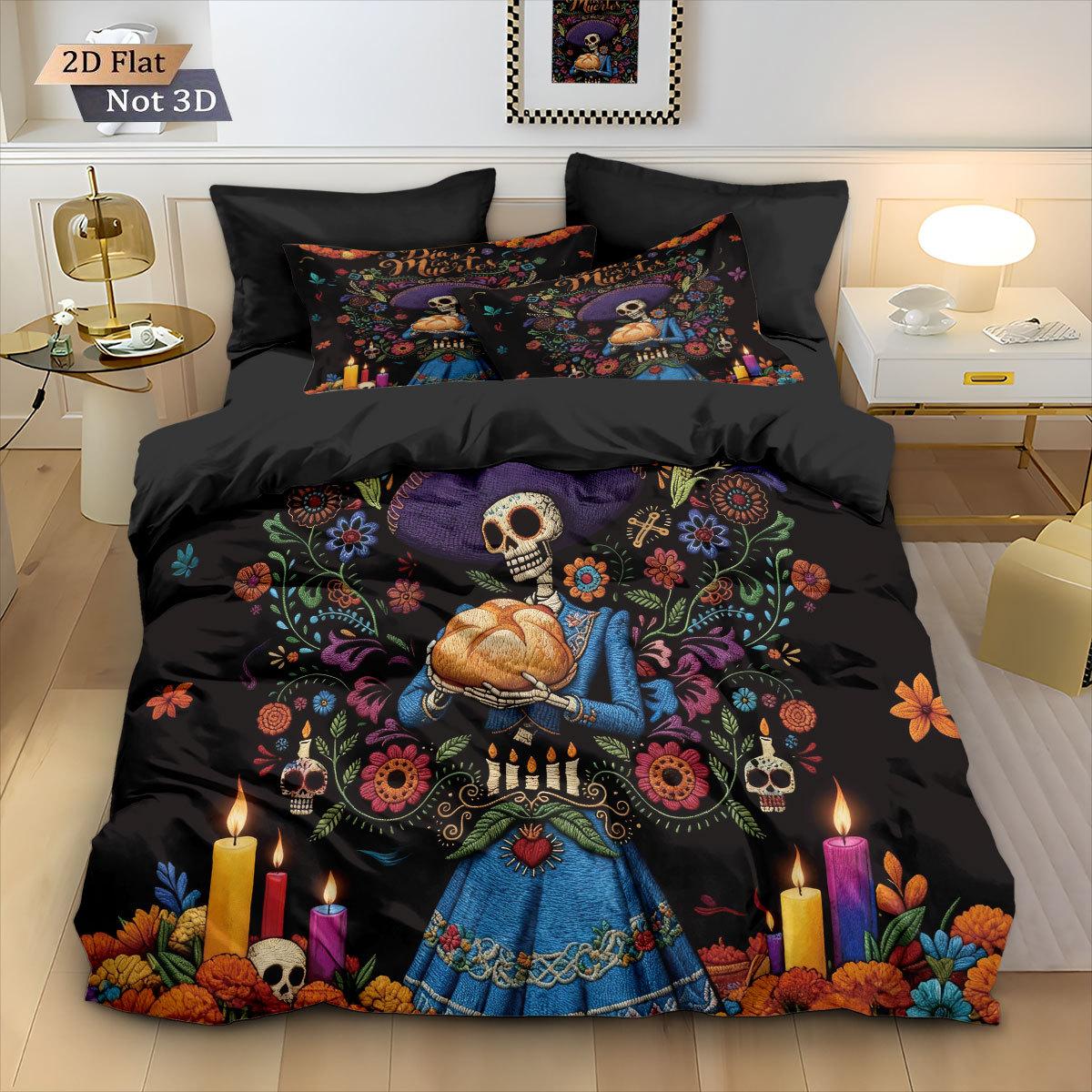 Skull Flowers Bedding Set skull retro print Duvet Cover Pillowcase Co co room decoration Quilt Cover Single Double Large Size 228x228cm-3pcs