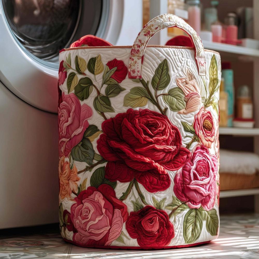 Boho Quilted Laundry Basket Floral Fabric 14×18in Clothes Storage Bucket with Handles Soft Storage Basket For Clothe & Toy